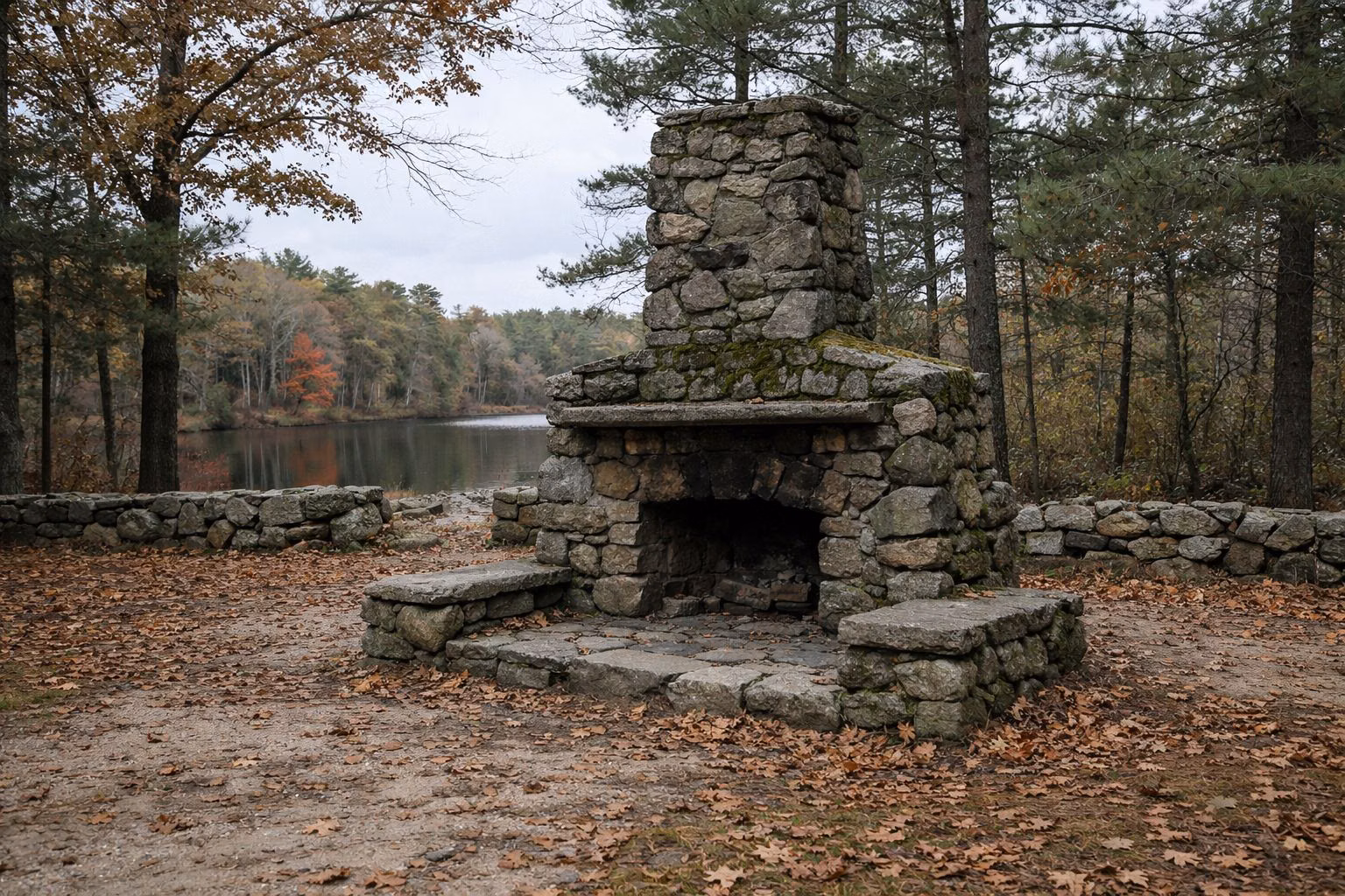 Old fieldstone outdoor fireplace in a wooded clearing