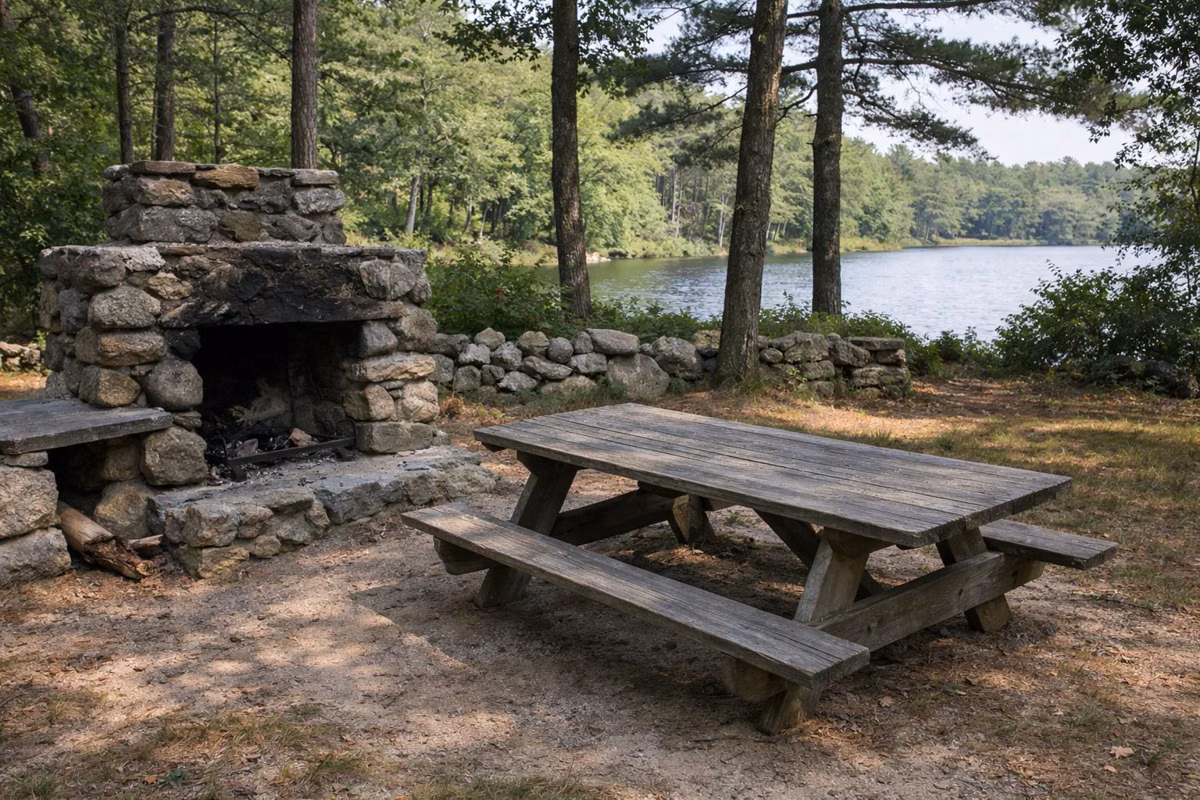Picnic table beside an old stone fireplace in a shaded grove