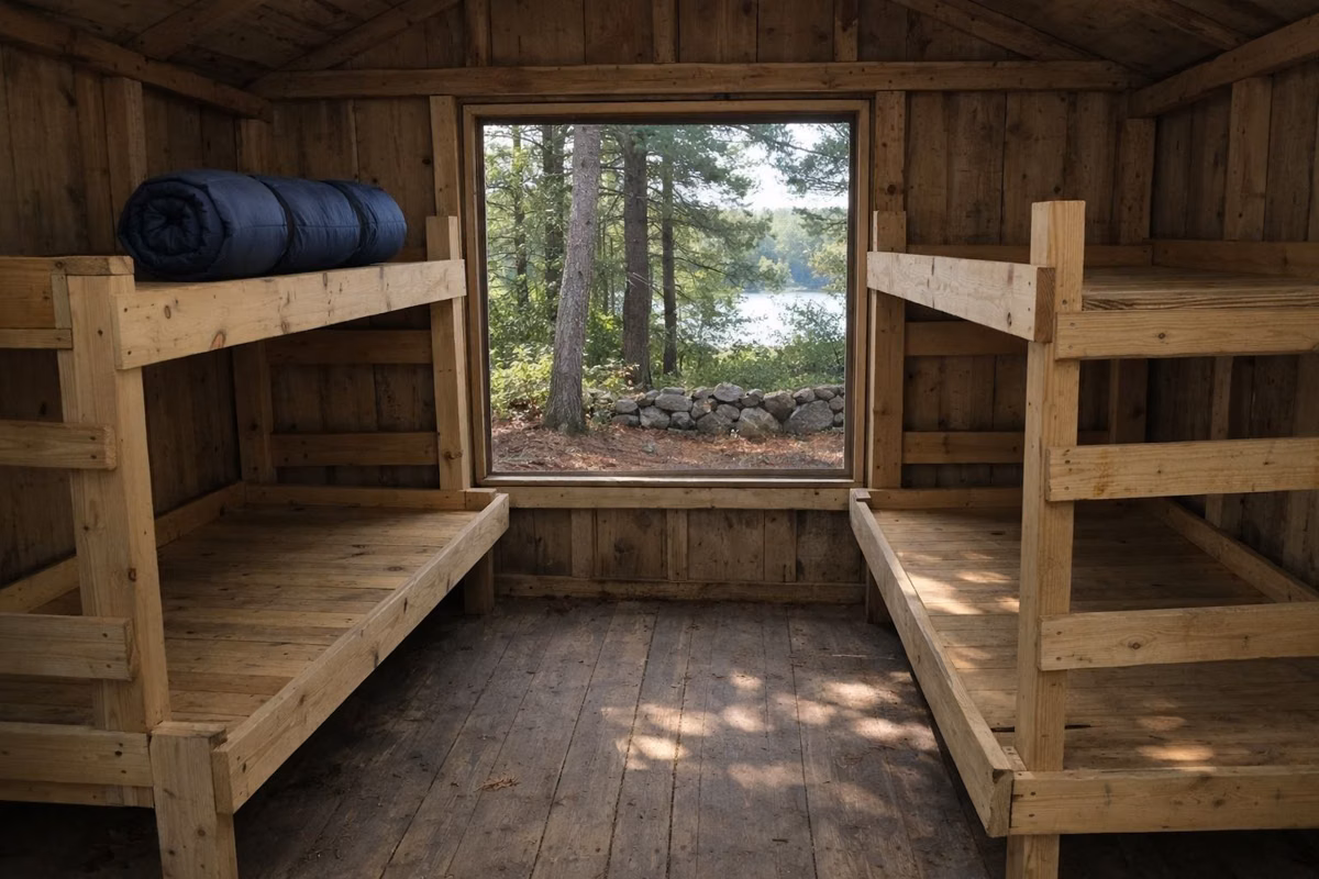 Bare wooden bunk beds with board bases inside a rustic cabin