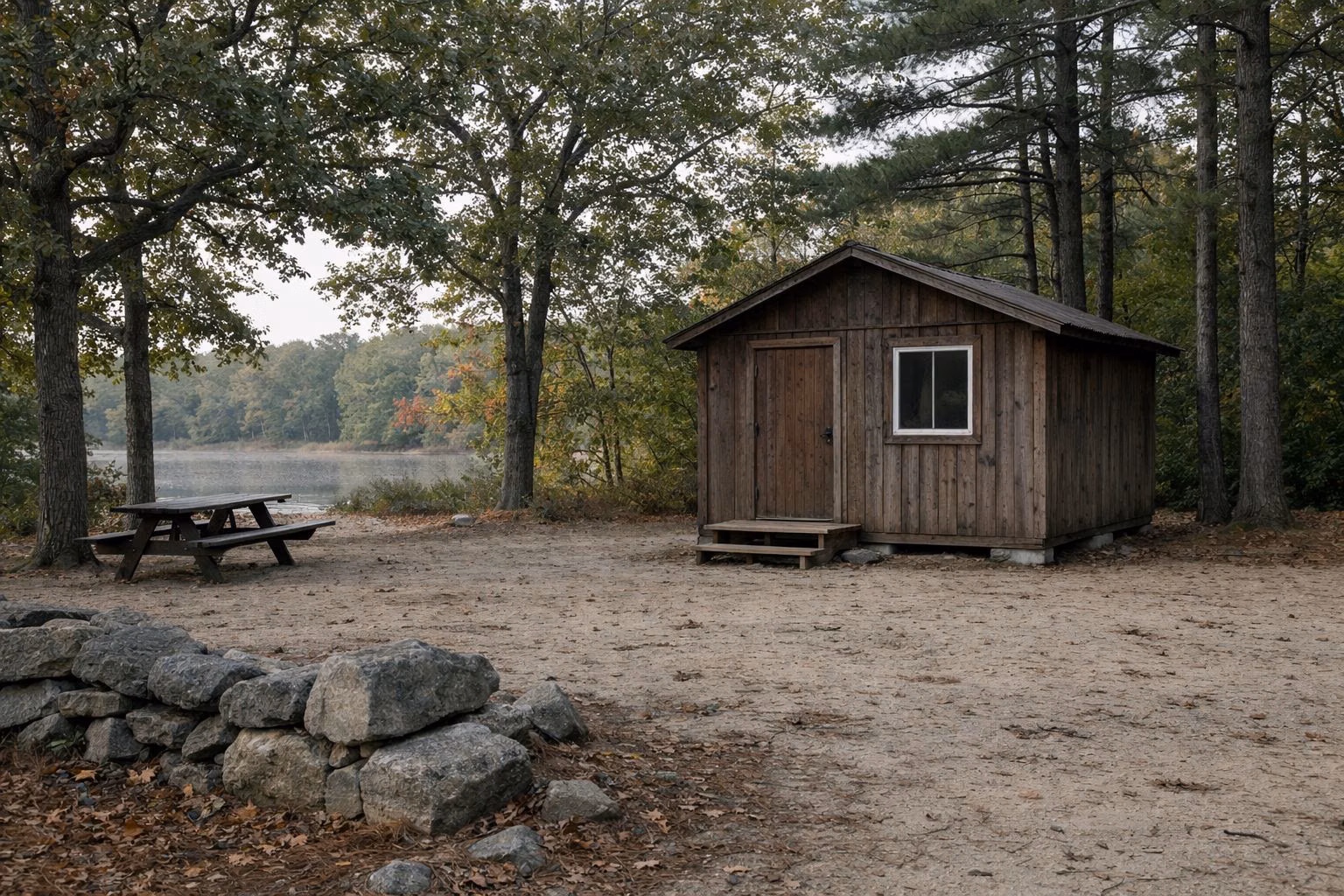 Small rustic wooden camping cabin in the woods