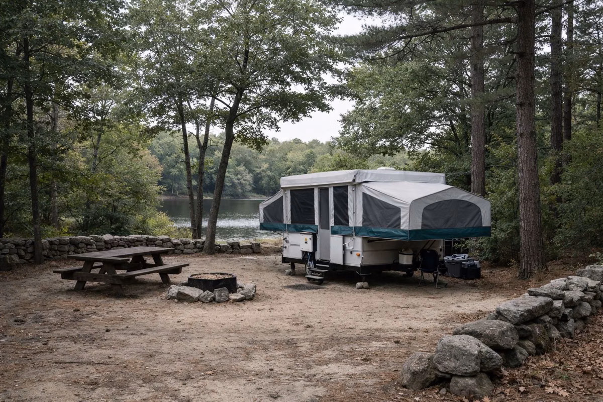 Pop-up camper at a wooded campsite