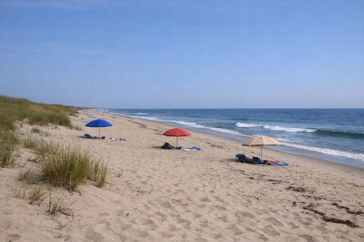 Sandy ocean beach with low dunes and umbrellas