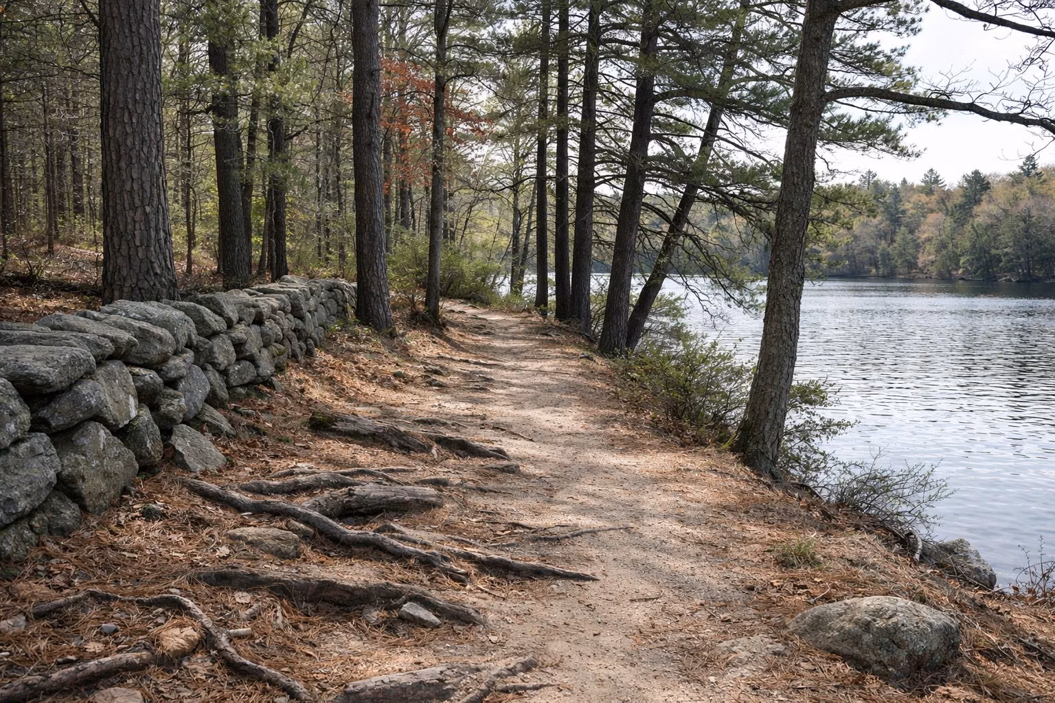 Footpath along the wooded shore of a calm pond