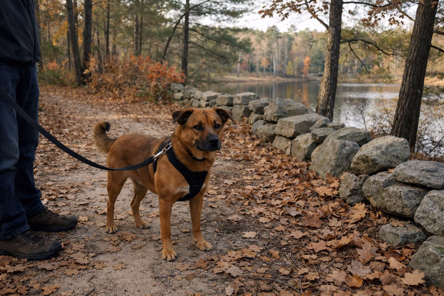 Dog on a short leash on a leafy woodland trail