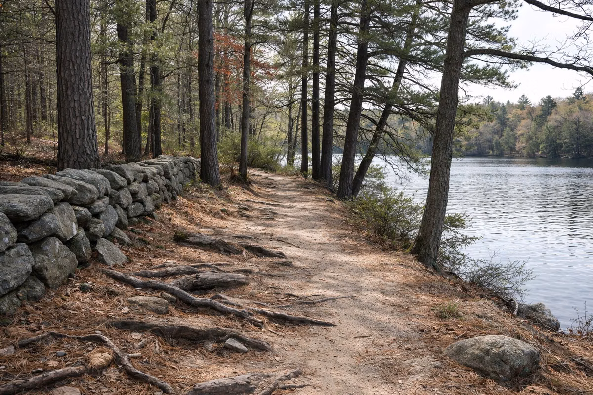 Footpath along the wooded shore of a calm pond