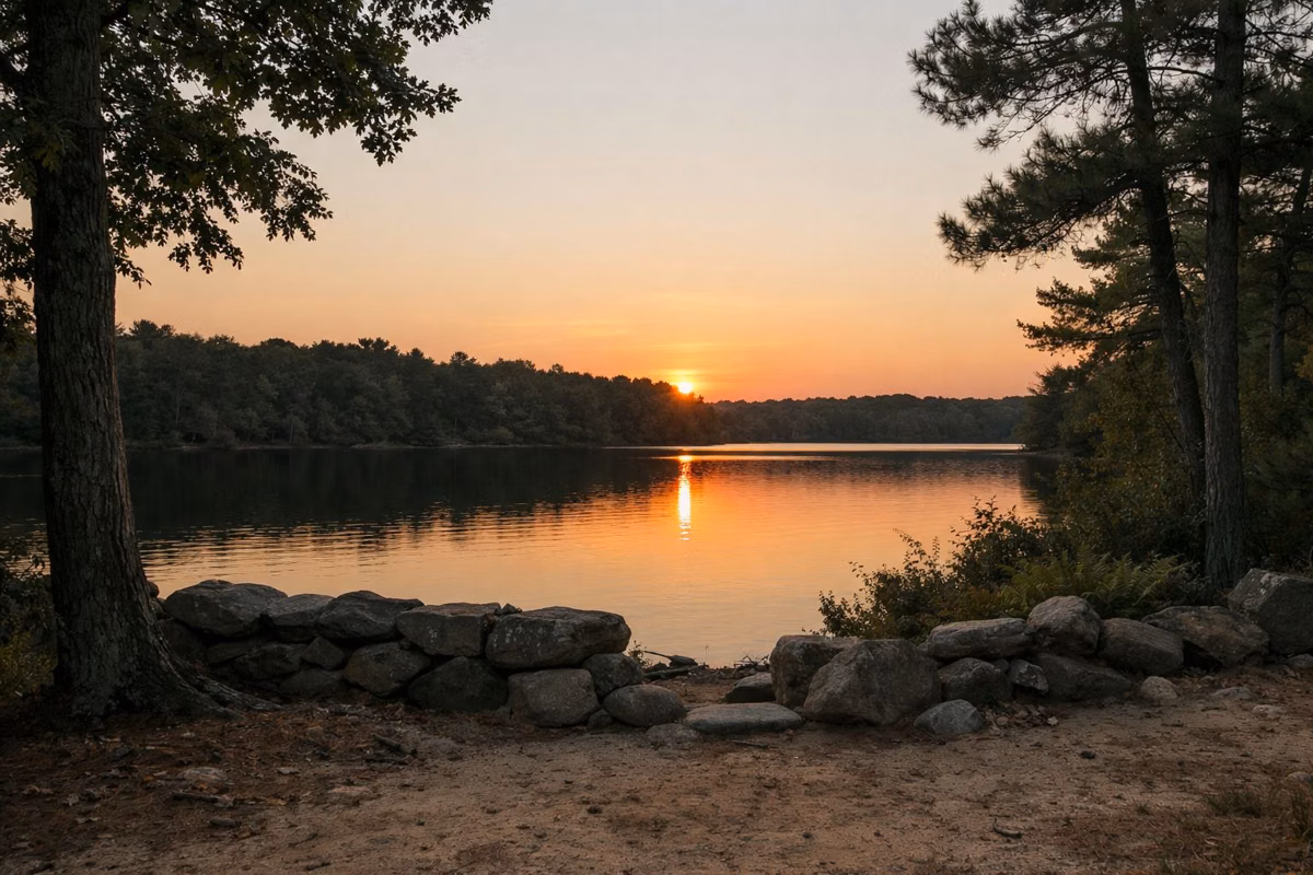 Sunset over a calm pond from a wooded shore