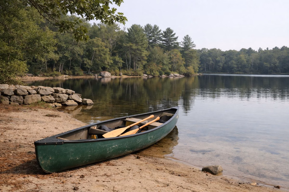 Canoe pulled up on a sandy pond shore