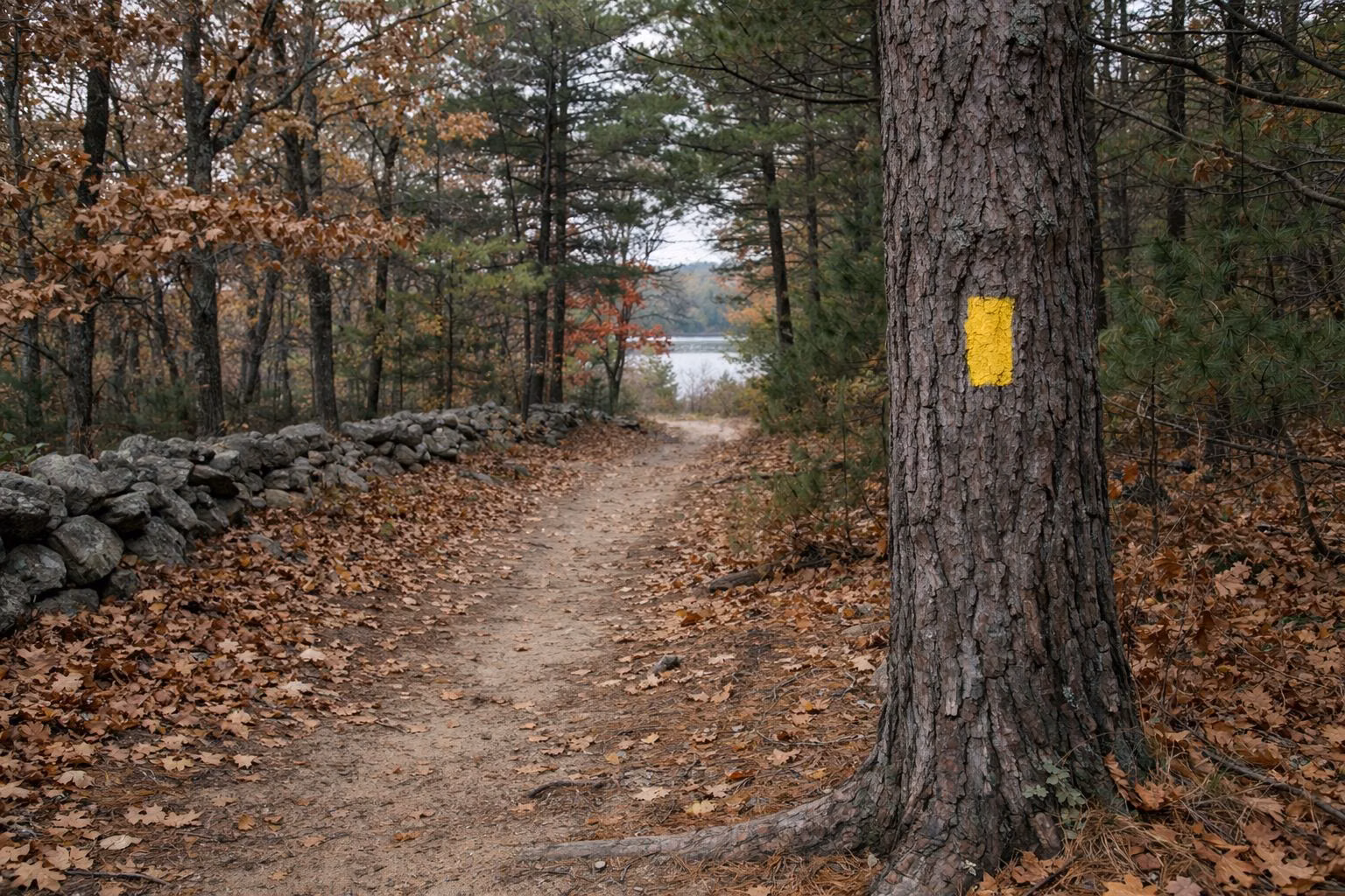 Woodland footpath with a yellow paint blaze on a tree