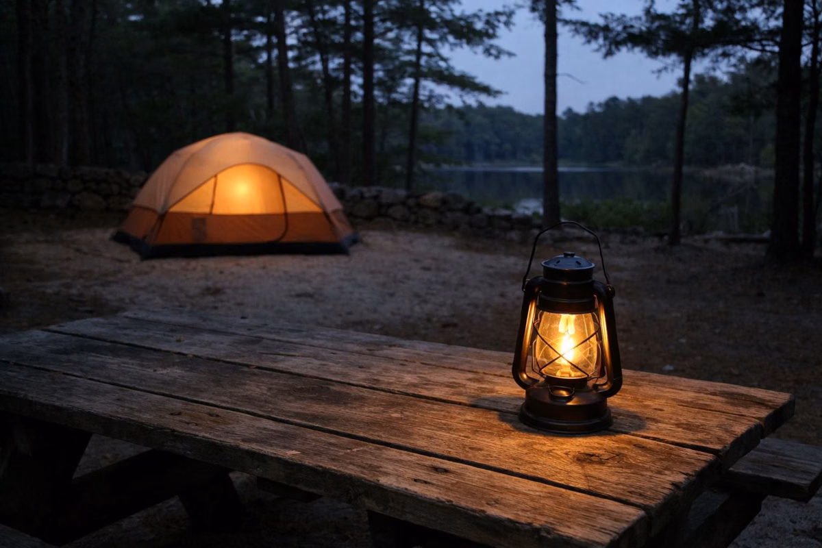 Lantern on a picnic table at a campsite at dusk