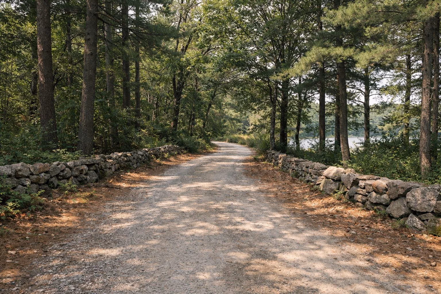 Gravel road curving through pine and oak woods