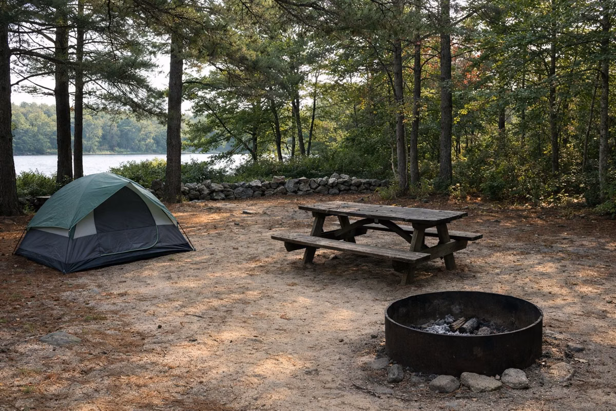 Wooded tent campsite with a picnic table and fire ring