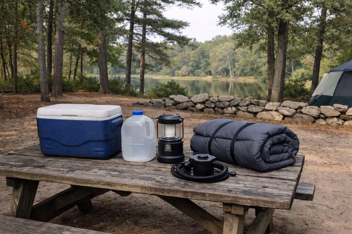 Camping gear laid out on a picnic table at a campsite