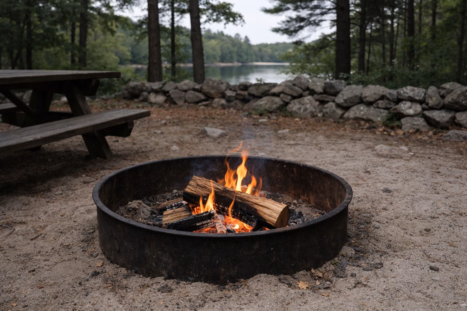 Small campfire in a steel fire ring at a campsite